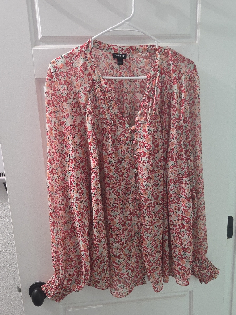 Torrid Cream and Pink Floral Peasant Blouse